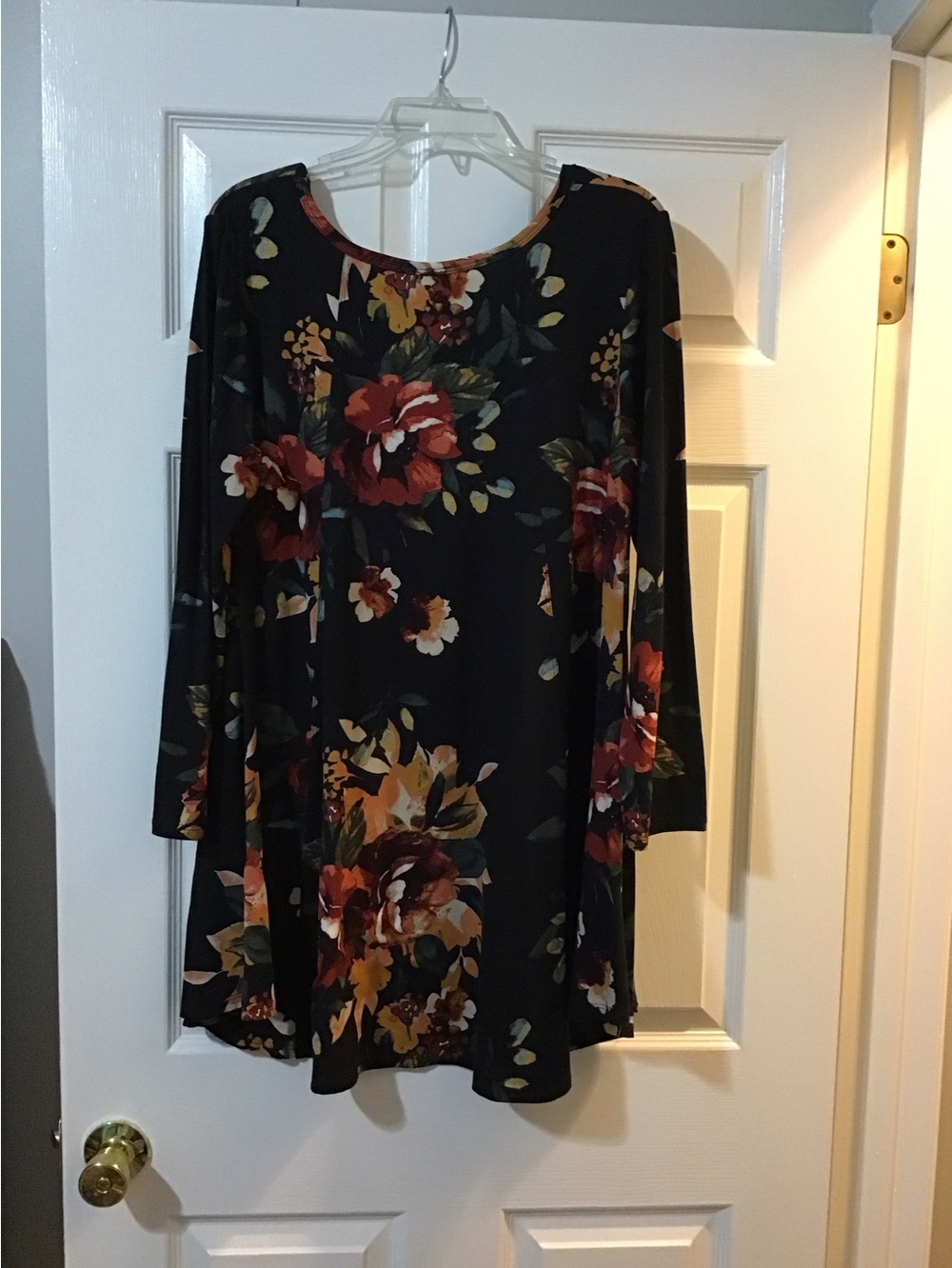 JODIFL Black Floral Long Sleeve Swing Dress with Burgundy and Mustard Flowers - Picture 3 of 4